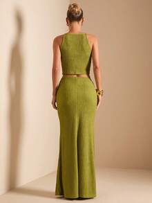 SHEIN BAE Women's Green Cropped Camisole And Mini Skirt Elegant 2 Pieces Set, Spring/Summer - Green - View 2