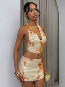 Glamine 2件套亮片花卉提花装饰夏季度假风深V领女裙套装 - 杏色 - 查看 4