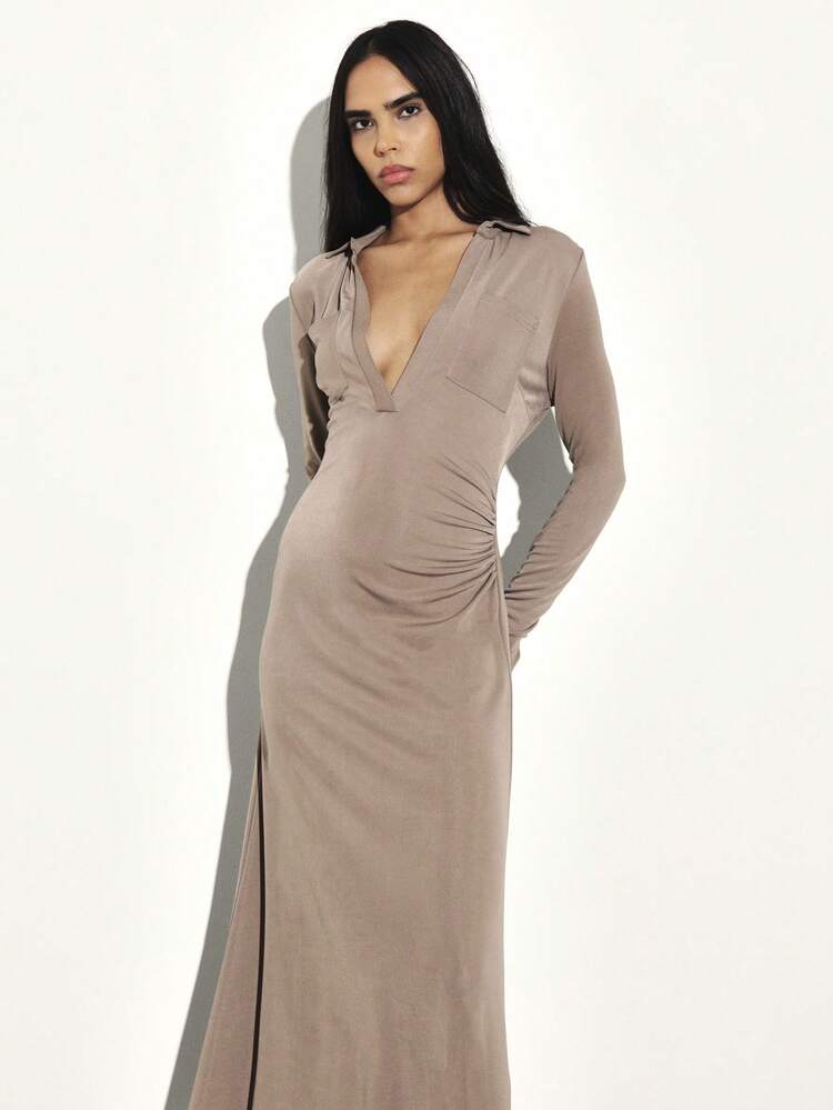 KSTM Women's Long Sleeve Deep V-Neck Side Gathered Maxi Dress With Ruched Waist Detail For Evening And Occasions