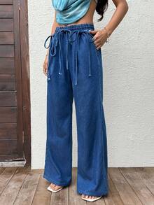 Sunnyshic Damen Lässig Urlaubs Jeans mit weitem Bein und Gürtel - Blau - Übersicht 4