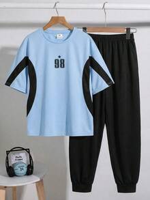SHEIN 2pcs/Set Tween Boy Casual Colorblock Sports Graphic Round Neck Short Sleeve Top And Pants Set, Suitable For Commuting, School, Daily Casual Wear, Sports, Spring/Summer - Blue - View 1