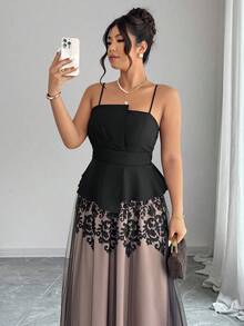 Elenzga Bộ váy dạ hội hai mảnh xếp ly eo dáng chữ A in họa tiết totem bằng vải lưới dành cho nữ cỡ lớn, mùa xuân/hè, thanh lịch và tinh tế. - Nhiều màu - Xem 6
