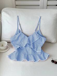 Flirla 女士条纹拼接荷叶边吊带背心 女士夏季套装 条纹背心 女士夏季套装 女士夏季上衣 女士两件套 - 淺藍色 - 查看 2