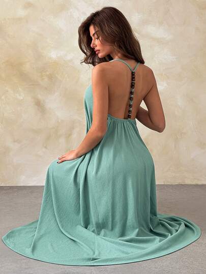 SHEIN Women's Mint Green Maxi Dress | Backless Spaghetti Strap Loose Fit Summer Beach Dress With Wooden Bead Detail