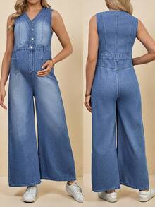 SHEIN Maternity V-Neck Sleeveless Front Button Casual Loose Denim Jumpsuit, Summer Spring To Summer Carnival Costume Commuting Vacation Graduation Chic Y2k Cute Streetwear Party Wedding Elegant Business Casual Woman Women's V Neck Sleeveless Denim Wide Leg Jumpsuit With Button Details - Blue - View 1