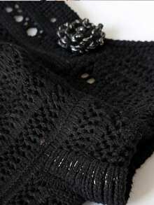 Elamini Áo len nữ thời trang, gợi cảm, đa năng màu đen viền bạc, kiểu yếm buộc dây, cổ khoét sâu, bèo nhún, họa tiết hoa 3D, màu đen vàng bạc, thích hợp cho mùa hè. - màu đen - Xem 3