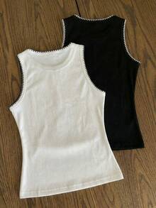 SHEIN EZwear 2 piezas Camiseta de mujer casual y cómoda con contraste de color y bordado de flor de concha - Multicolor - Ver 2