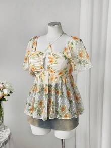 Sweetra New Vacation Elegant Sexy Beach Floral Print Textured Deep Shirred Ruffle Strap Puff Sleeve Blouse Top For Women, Cinched Waist Boho - Multicolor - View 6