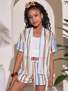 Tween Girls' Casual Striped Shirt And Shorts Set - Blue - View 3