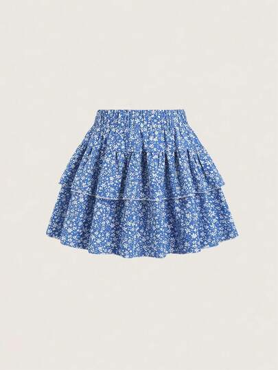 Olithes Spring/Summer New Arrival: Blue Background With White Small Floral Print High-Waisted Short Skirt For Women. Features An Elasticated Waistband, Multi-Layered Ruffled Hem, And Comfortable, Breathable Fabric. Fresh And Pastoral Style. Skirt Summer Ruffled Skirt Layered Skirt Frilly Skirt Bubble Skirt