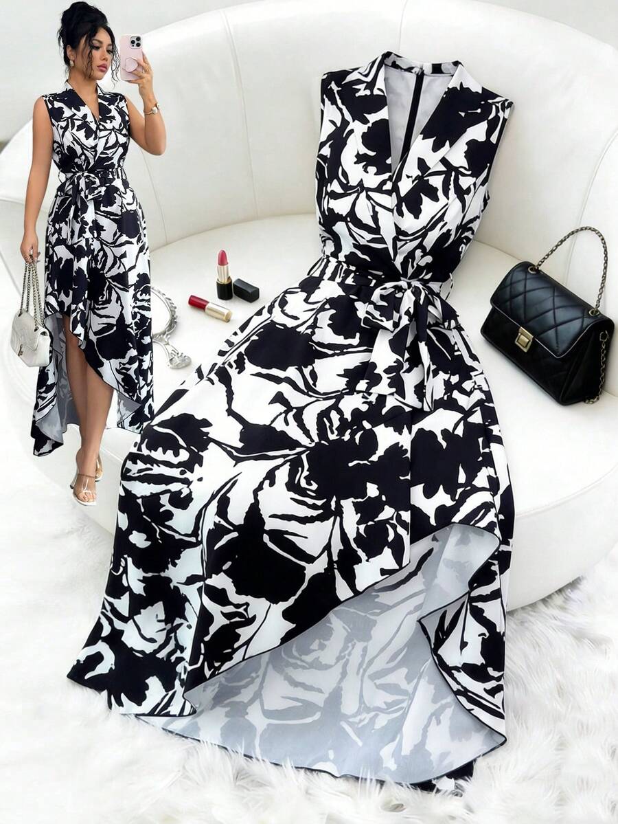 SHEIN Elenzya Elegant Commuter Floral Print Asymmetric Hem Dress, Summer - Black and White - View 1