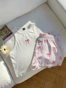 CovetEZ Casual Minimalist Summer Sweetheart Embroidered Bow Camisole And Butterfly Print Shorts Set, Versatile Sweet Homewear - Multicolor - View 5