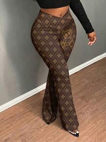 Slaydiva 大码女式花卉卡通熊印花不对称腰部喇叭裤泰迪熊印花裤女裤女式高个长裤女式喇叭裤图案裤 - 彩色 - 查看 3