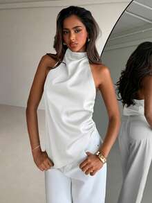 Aloruh Blusa de mujer de unicolor con cuello halter y espalda descubierta, versátil para uso diario - Blanco - Ver 4