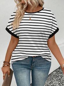 EMERY ROSE Women's Spring/Summer New Round Neck Short Sleeve Striped Print Casual Versatile Plus Size T-Shirt - White - View 4