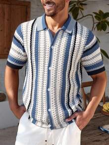 Manfinity Homme 男士条纹镂空短袖单排扣休闲针织上衣 - 薄荷藍 - 查看 3