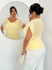 Firerie Women's Elegant Casual Commute Vacation Romantic Date Outfit, Pale Yellow Mesh Ruffle Collar Cap Sleeve Slim Fit T-Shirt, Teacher Outfit, Airport Outfit, Going Out Outfit, Elegant Vacation - Yellow - View 6