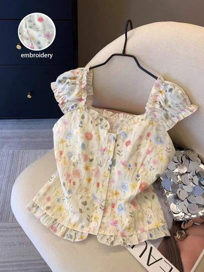GlowEve Women's 2026 Spring/Summer New Ditsy Floral Embroidery Print Frill Trim Cap Sleeve Vacation Blouse