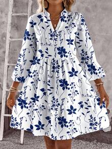 EMERY ROSE Vestido de talla grande con estampado floral azul y blanco, adecuado para vacaciones - Multicolor - Ver 3