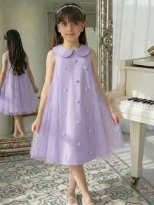 SHEIN Vestido casual de unicolor con cuello Peter Pan y patchwork de malla para niña joven, vestido de fiesta y cóctel para niñas jóvenes, vestidos elegantes, color lavanda para niñas - Púrpura malva - Ver 5