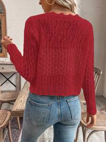 EMERY ROSE Women's Round Neck Hollow Front Button Cardigan, Knitted Sweater Jacket For Autumn/Winter - Red - View 2