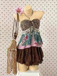 SuriyaCove Women's Zebra Print Tie Front Ruffle Hem Tassel Design Bandeau Top - Multicolor - View 1