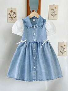 Elladie kids 1 chiếc đầm denim mùa hè kiểu dáng dễ thương, thoải mái dành cho bé gái, thiết kế phối màu. - Màu xanh lam - Xem 9