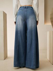 Anewsta Trang phục mùa hè thanh lịch dành cho nữ: Quần jeans ống rộng cạp cao màu xanh vintage, thiết kế độc đáo với đường xẻ tà, phù hợp cho đi làm, mặc hàng ngày và đi chơi. - Màu xanh lam - Xem 2