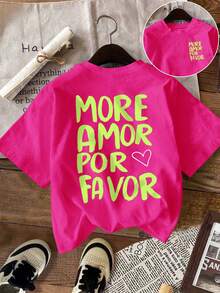 EMERY ROSE Plus Size Women Letter Print Round Neck Short Sleeve Casual T-Shirt - Hot Pink - View 1