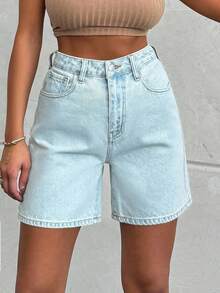 SHEIN High Waist Elastic Waistband Denim Baby Blue Woman Plus Size Short - Light Wash - View 6