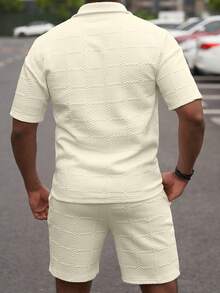 Manfinity Homme 男士夏季休閒純色短袖 Polo 衫與短褲套裝（不對稱）兩件套 2 套男裝 S 號同套穿搭 - 杏色 - 查看 2