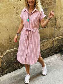 Linavere New Spring/Summer Women's Fashion Elegant Short Sleeve Striped Shirt Dress - Tie-Front Design - Commuter Chic Minimalist Style - Suitable For Daily Wear, Dates, Travels - Pink - View 4