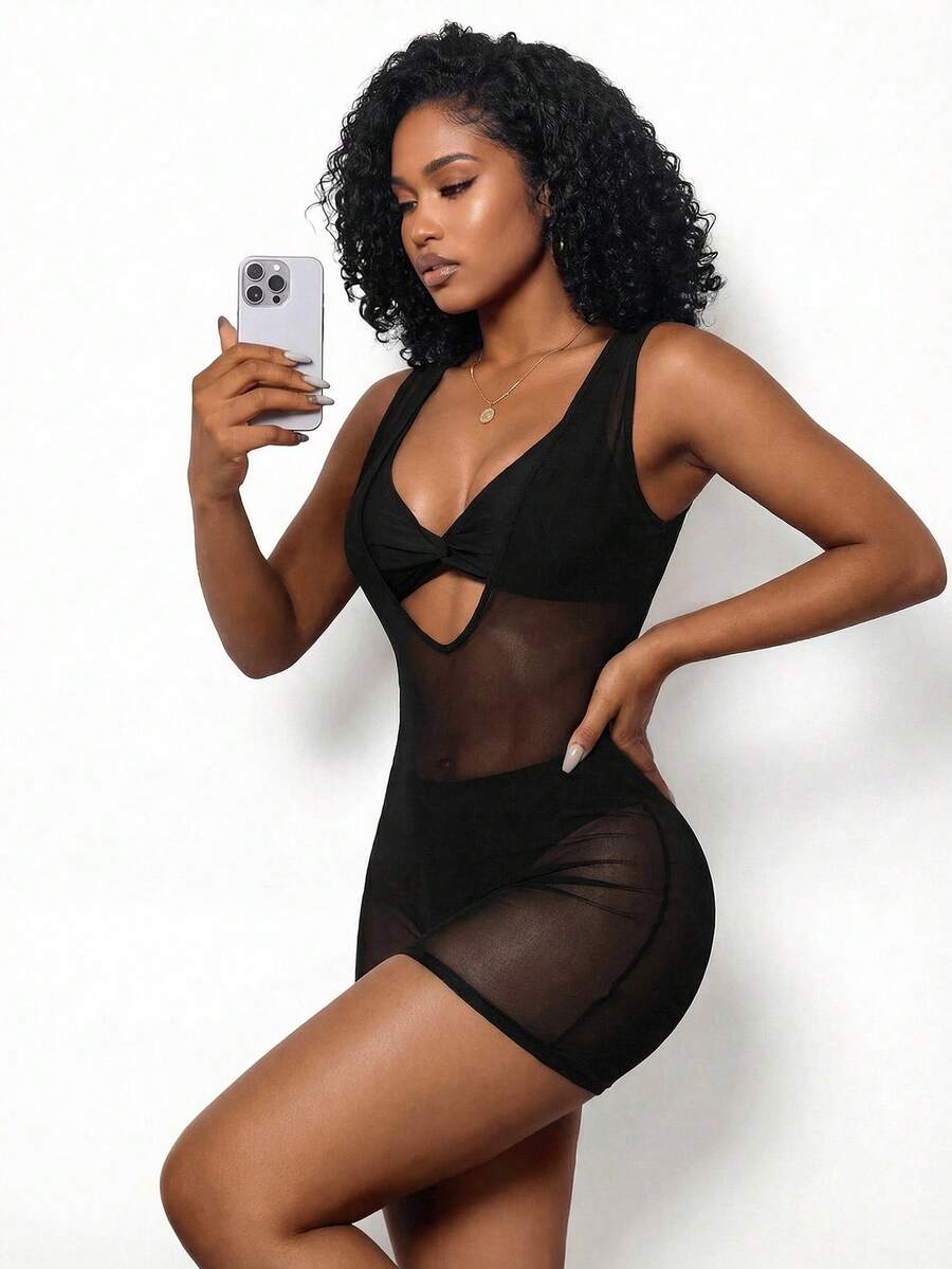 BamGleam Women's Mesh Patchwork Casual Everyday Romper - Black - View 1