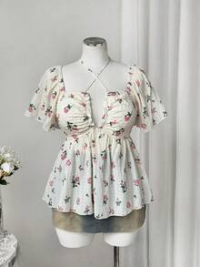 Sweetra 新款度假风优雅性感沙滩印花纹理深褶皱荷叶边吊带泡泡袖女式上衣，收腰波西米亚风 - 彩色 - 查看 3