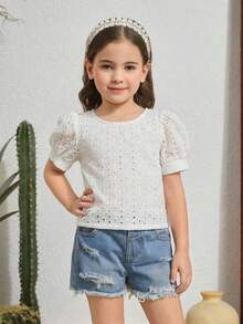 Emery Rose Kids Emery Rose Kids 女童纯色梭织泡泡袖镂空休闲衬衫 - 白色 - 查看 7