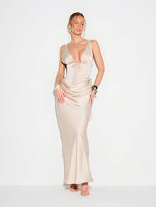 KIZN 女士优雅缎面斜裁垂褶长裙，配系带束腰设计，适合晚宴、婚礼宾客等特殊场合 - 杏色 - 查看 3