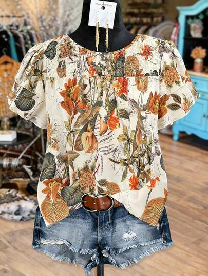 Linhara Camisa de manga corta con estampado de talla grande para mujer, con frente recogido, mangas cortas con doble volante, silueta recta y holgada