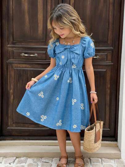 Tween Girl Floral Print Bow Decor Ruffle Puff Sleeve Dress, Suitable For Outings, Gatherings And Other Light Social Occasions