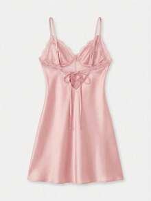 lacRébo Bộ đồ ngủ 2 món phong cách cổ điển gợi cảm gồm áo lót bằng satin và ren cùng áo choàng ren thắt eo. - Hồng - Xem 10