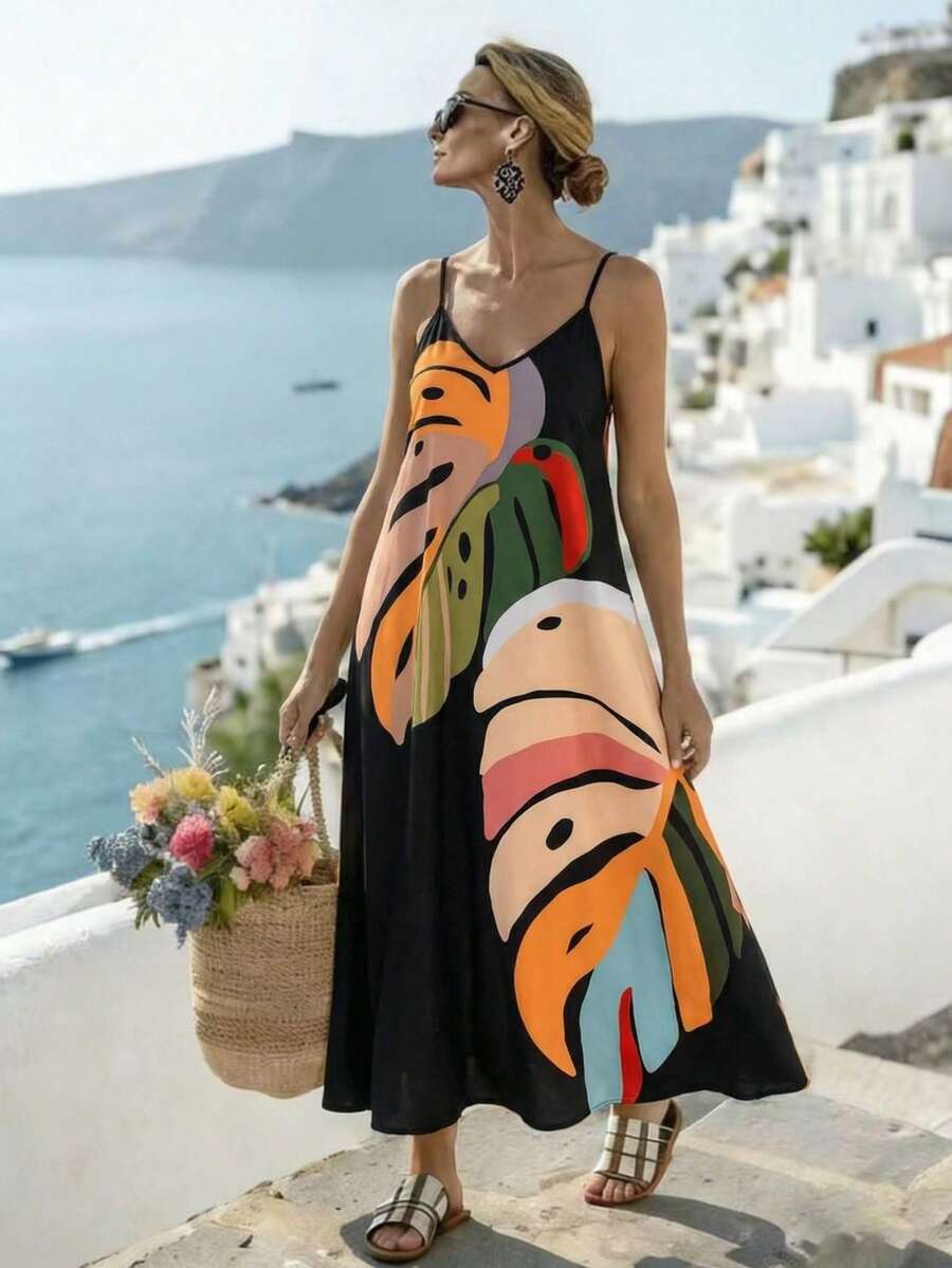 EMERY ROSE 女式加大码波西米亚风宽松花卉和叶子印花细肩带连衣裙，适合夏季 - 彩色 - 查看 1