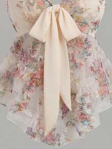 EMERY ROSE 女士优雅花卉网纱印花修身吊带背心，胸前系带设计，百搭时尚，适合优雅场合、通勤和休闲穿着，也适合波西米亚音乐节、度假和夏季海滩等场合。 - 杏色 - 查看 5