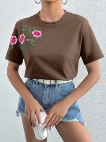 SHEIN Cottnline 100%纯棉花卉刺绣圆领T恤 - 棕色 - 查看 4