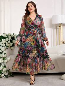Reflora 大码女式V领印花褶皱休闲度假连衣裙 - 彩色 - 查看 5