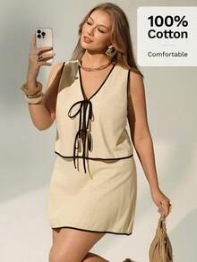 Auralis Plus Size Women Beige Summer Vacation Smart Casual 2 Pieces Set,100% Cotton V-Neck Tie Front Sleeveless Top And Skirt Set,Elegant Outfits - Apricot - View 1