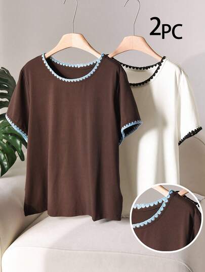 CosyJoli 2pcs/Set Plus Size Women Casual Fitted T-Shirt, White & Khaki Short Sleeve T-Shirt Set, Summer Simple Tops Cute Short Sleeve Tops Brown Tops Coffee Brown Top Cute Tops T-Shirts