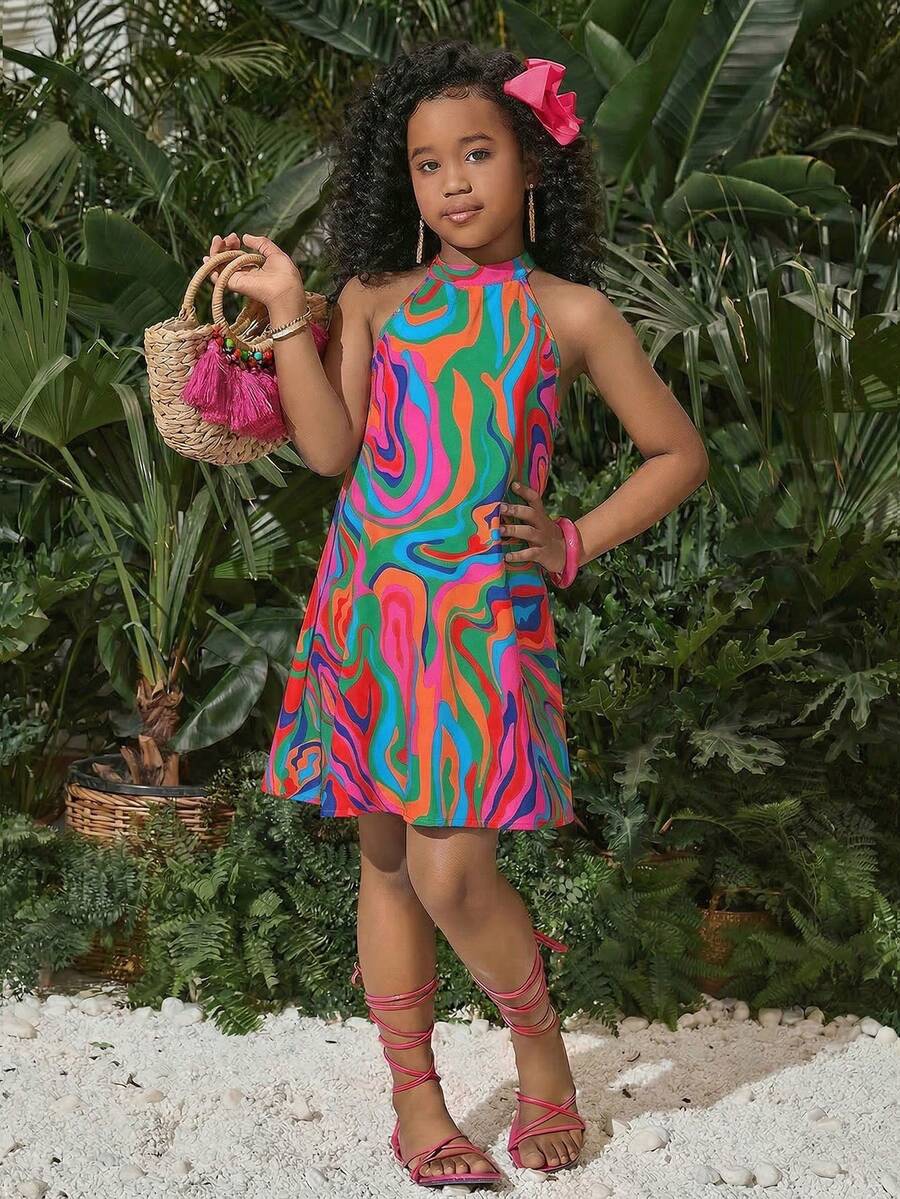 少女休闲度假露背连衣裙，热带印花 - 彩色 - 查看 1