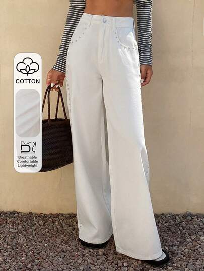 Livesso Women's Summer Solid Color Rivet Decor Cotton Casual Jeans, White