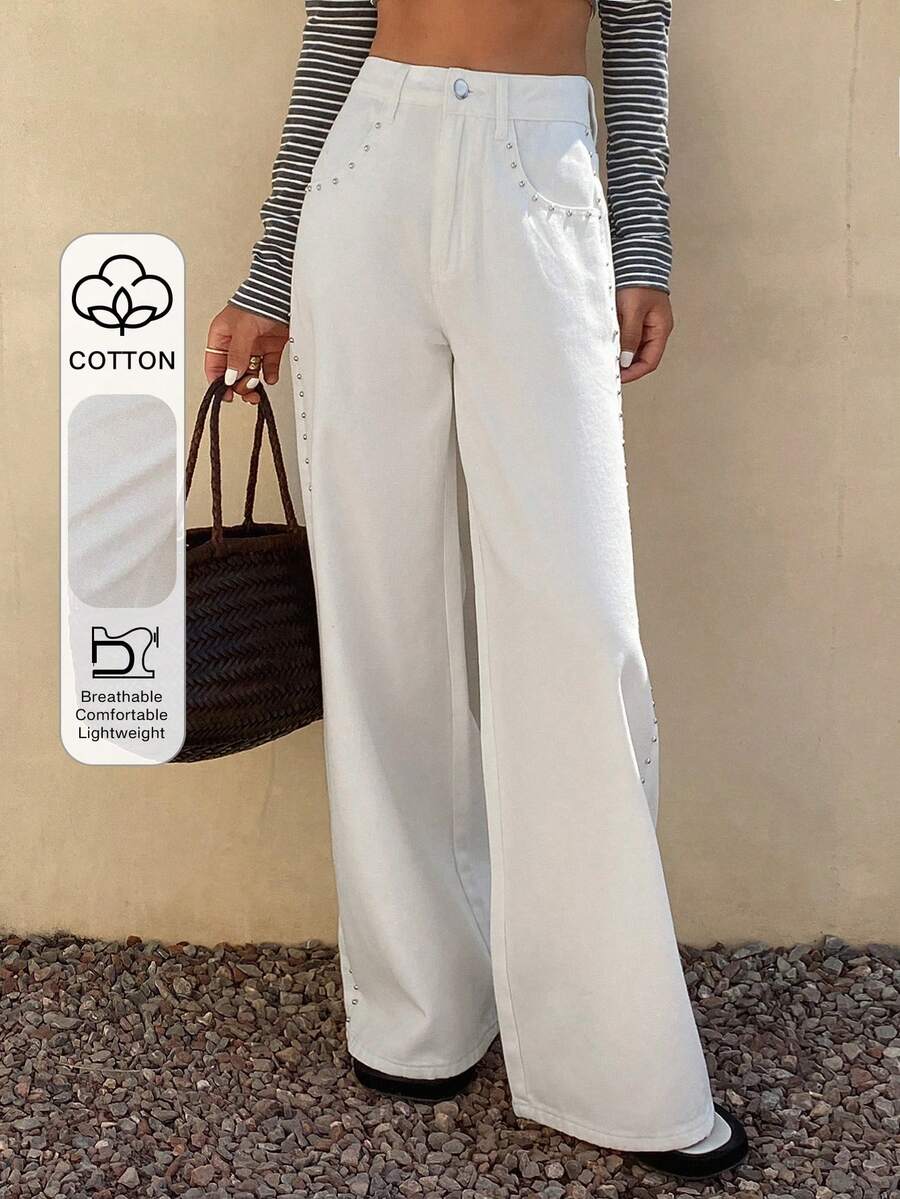 Livesso Quần jeans nữ mùa hè màu trơn, chất liệu cotton, họa tiết đinh tán, kiểu dáng thường ngày, màu trắng. - trắng - Xem 1