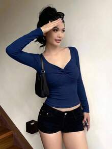 DAZY 女士方领扭结前襟短袖修身T恤 夏季 - 藏蓝色 - 查看 3