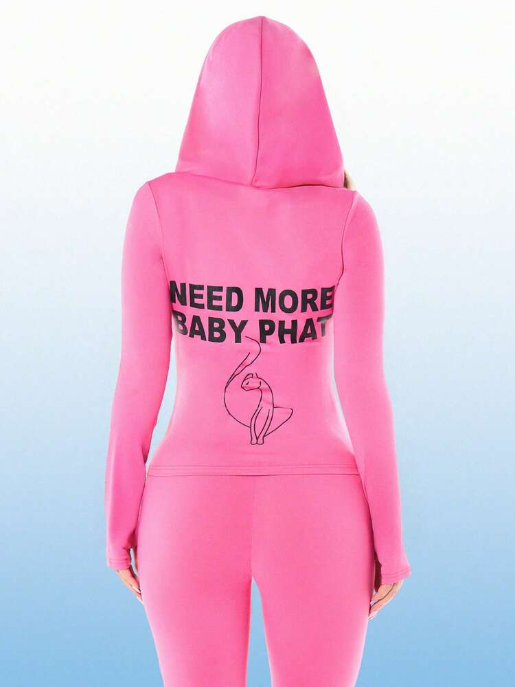 BABYPHAT Hot Pink Long Sleeve Hooded Jersey Zip Up Top With Slogan Glitter Print Streetwear